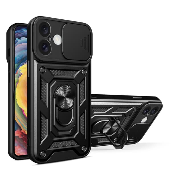 Hybrid Armor Camshield-cover til iPhone 16 Plus med kameracover og stativ - sort