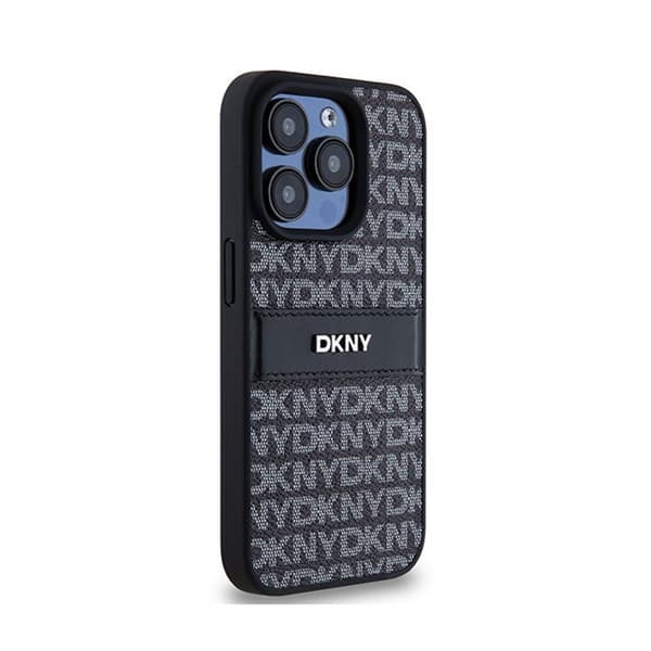 DKNY Læder Mono Stripe & Metal Logo - iPhone 15 Pro Max Etui (Sort)