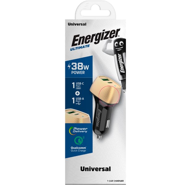Energizer Ultimate - USB-C & USB-A Biloplader 38W PD + QC3.0 (Guld / Sort)
