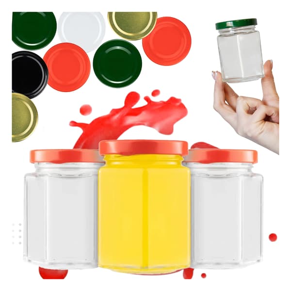 5x GLAS sekskantede 200ml til marmelade, honning, syltetøj, krydderier