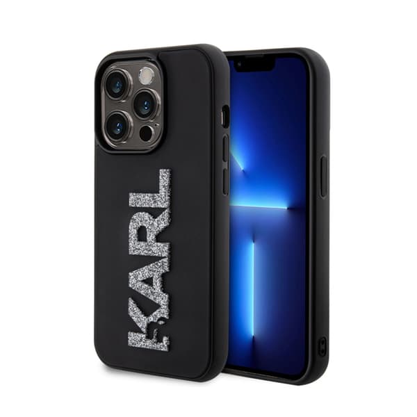 Karl Lagerfeld 3D kuminen glitterlogo - iPhone 15 Pro -kotelo (musta)