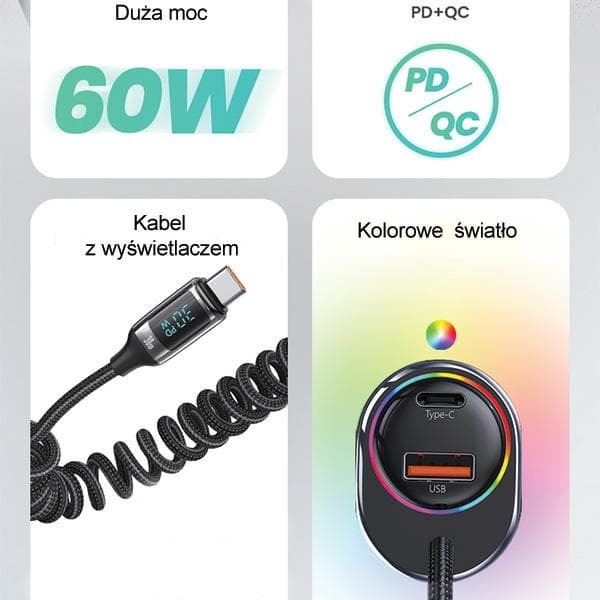 USAMS Biloplader C37 1xUSB+1xUSB-C 60W +USB-C Kabel 30W PD+QC Hurtigopladning sort/sort CC192CC01 (US-CC192)