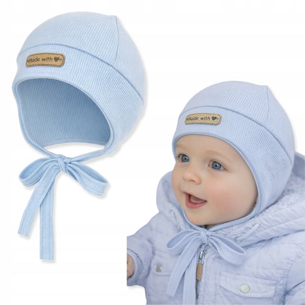 Baby pilothue 36-38 med binding, dækker ørerne, forårsblå