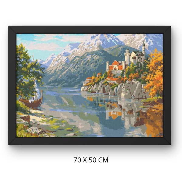 Måla efter nummer-bild med ram Slott i bergen 70x50 cm