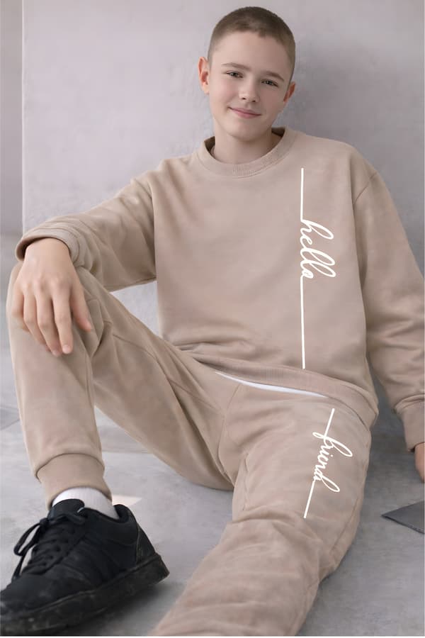 Barnträningsset varm 152 tvådelat med tryck beige