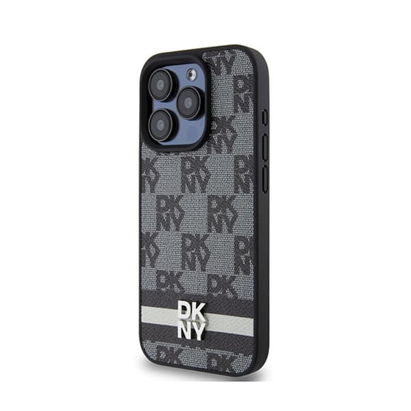 DKNY Læder Ternet Mono Mønster & Trykte Striber - iPhone 15 Pro Etui (Sort)