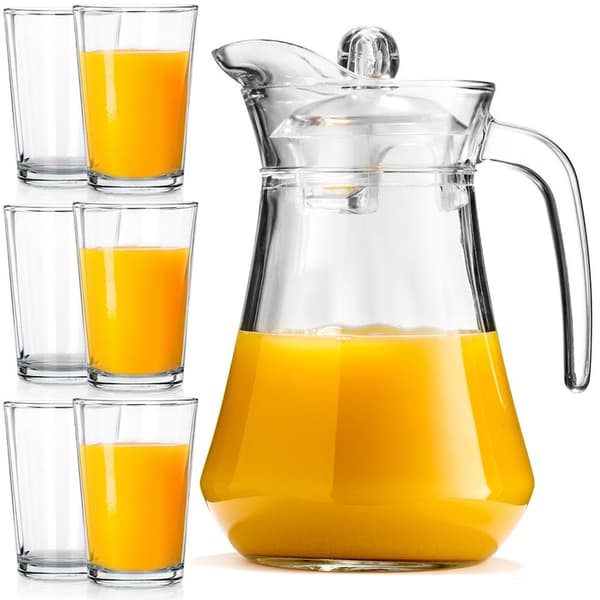 Glas kanna med lock 1,4 l + 6 glas 200 ml