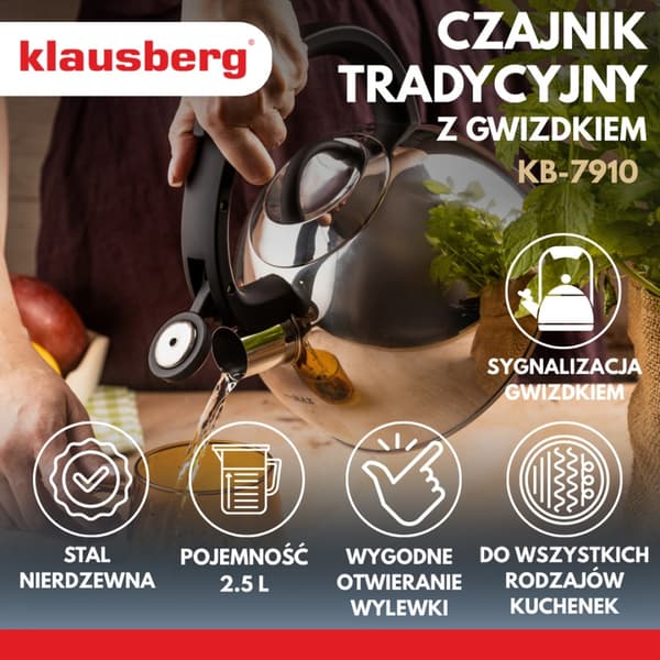 STÅLKEDEL MED FLØJTE 2,5L KLAUSBERG KB-7910