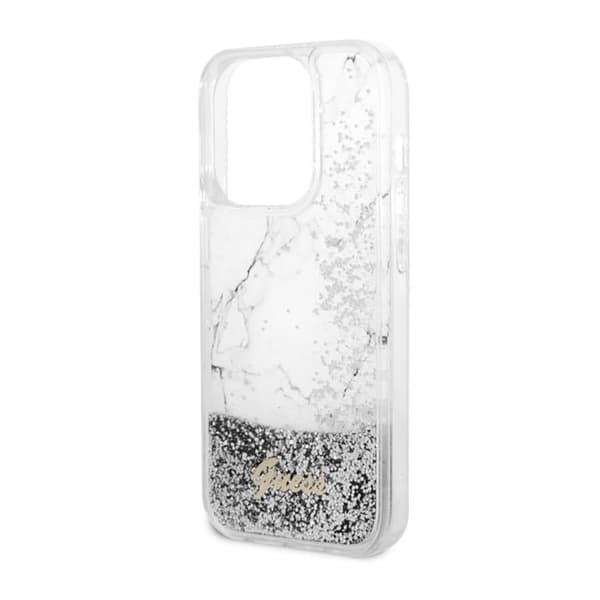 Guess Liquid Glitter Marble - iPhone 14 Pro-skal (vitt)