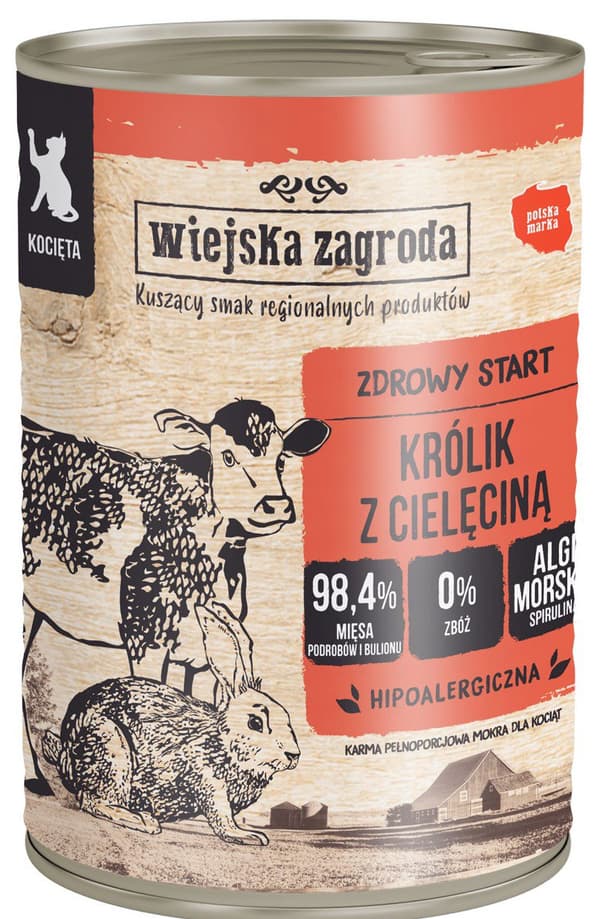 Wiejska Zagroda | Vådfoder til killinger | 400 g dåse - Kanin med kalvekød 0,4 kg