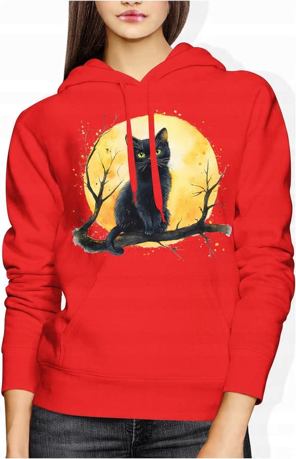 Damesweatshirt med kat og dyr, KAT med print, bomuld, sort, størrelse M
