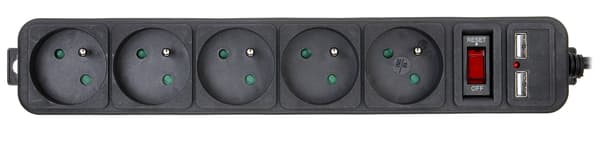 AK-SP-05U STRØSKINNE (5 STIKKONTAKTER + 2 USB) AKYGA