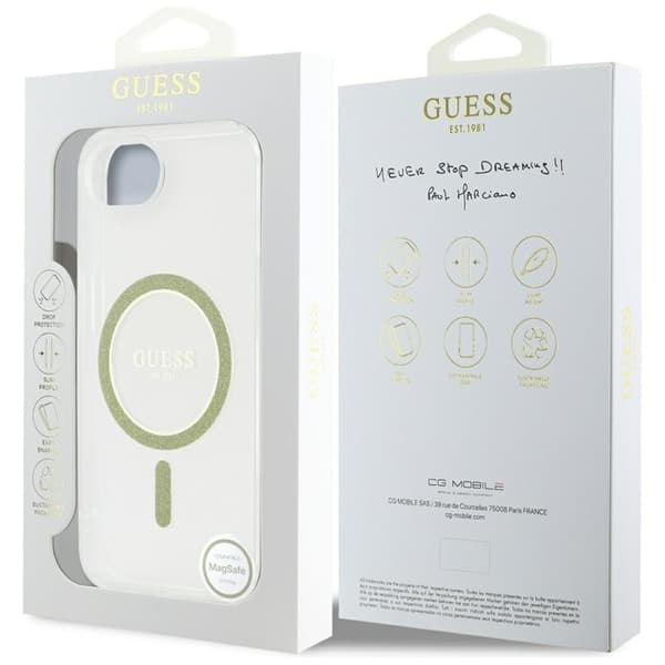 Guess IML Glitter Circle MagSafe – Skal till iPhone 16e (transparent)