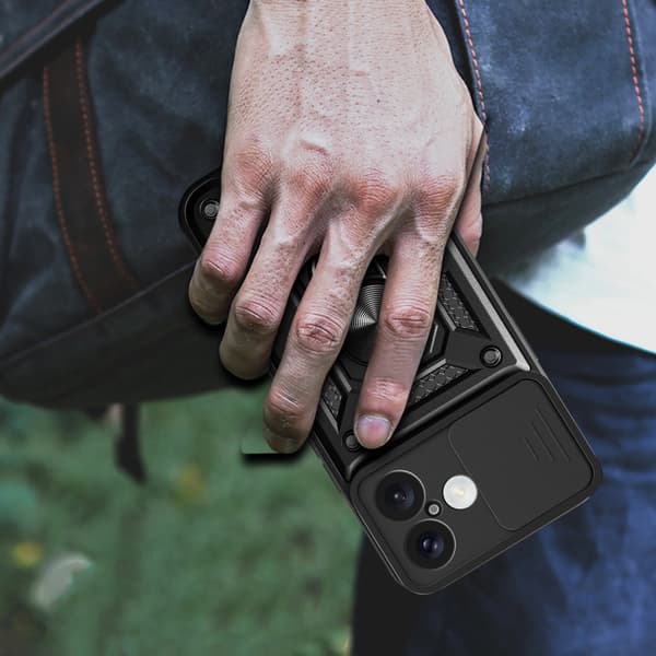 Hybrid Armor Camshield-cover til iPhone 16 Plus med kameracover og stativ - sort