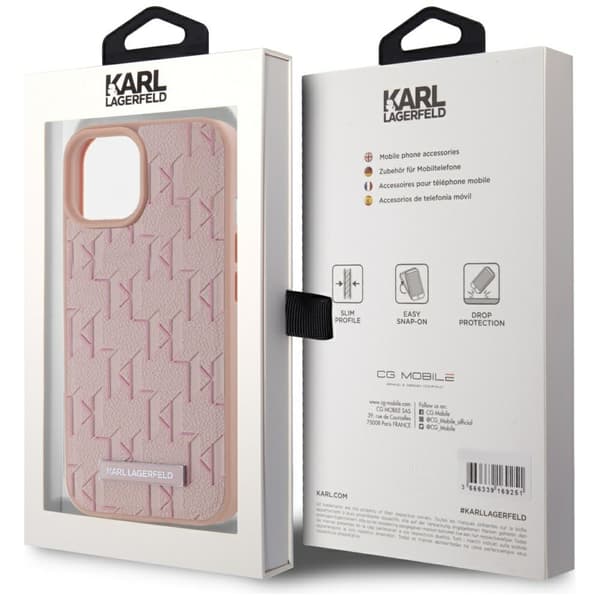 Karl Lagerfeld Lædermonogram Metal Logo MagSafe-etui til iPhone 15 - Lyserødt