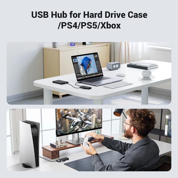 Ugreen CM653 HUB med 4 USB-A porte og USB-A strømkabel - Sort