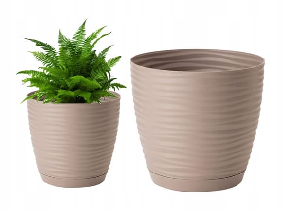 Gråbeige urtepotte med underkop, 19x17,3 cm, plastik