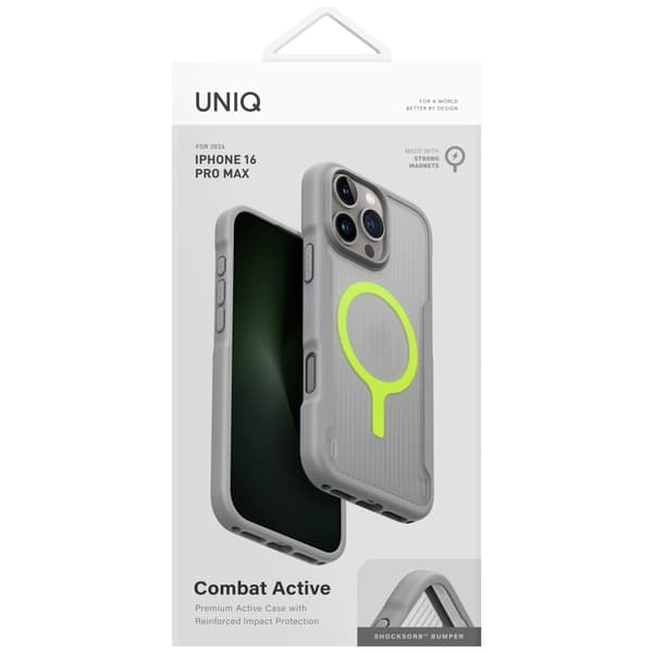 UNIQ Combat Active -kotelo iPhone 16 Pro Maxille, Magclick-lataus, harmaa