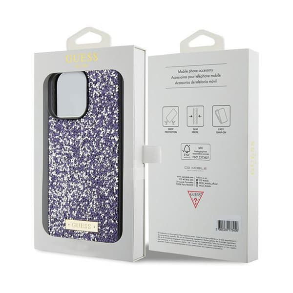 Guess Strass Metalllogotyp - iPhone 15 Pro-skal (rosa)