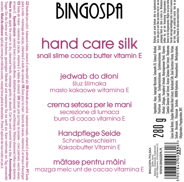 Silke til hænder med snegleslim, kakaosmør, E-vitamin BINGOSPA