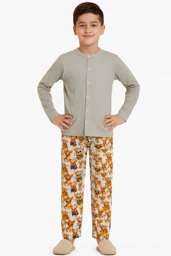 Bomullspyjamas 146 med knappar barnpyjamas sjukhus beige hundar
