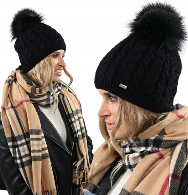 Vinterhue med FLEECE pompon, dobbelt lag, sort, varm, dame BEANIA UNI
