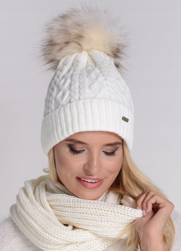 Damvintermössa med pompom fleecefärgad varm ecru