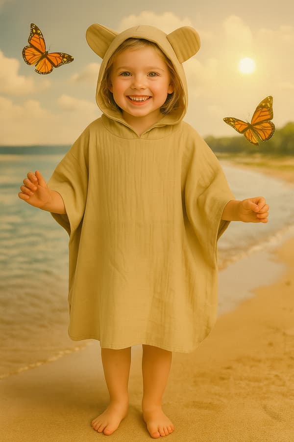 Barnens muslinkappa 110-116 poncho för strand beige