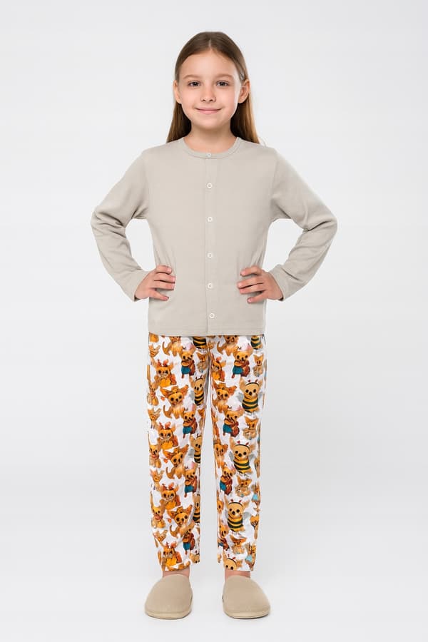 Barnpyjamas bomull 140 med knapp för sjukhus beige hundar