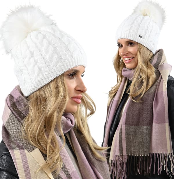 Hvid varm dame vinterhue med pompon, fleeceforet hue UNI