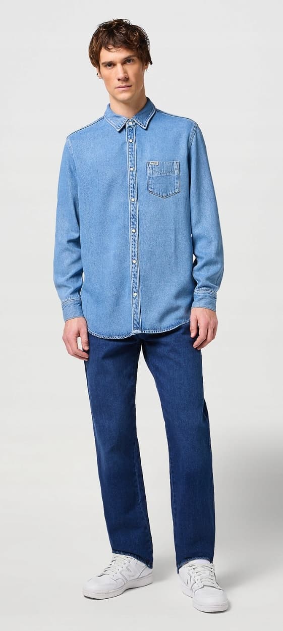 Wrangler skjorte med 1 lomme, lys stenblå denimskjorte, regular M