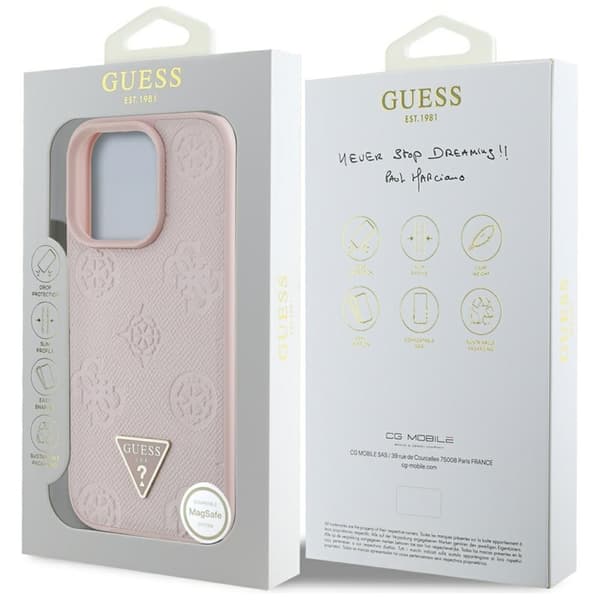 Guess Grained Hot Stamp Peony Triangle Logo MagSafe-cover til iPhone 16 Pro (lyserød)