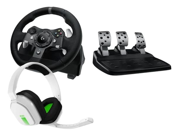 Logitech G920 Driving Force-sæt (sort) + Astro A10 (hvid)