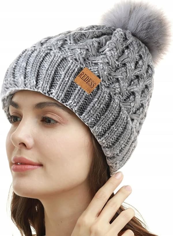 REDESS Dame lysegrå vinterhue med pompon, varm, tyk, one size