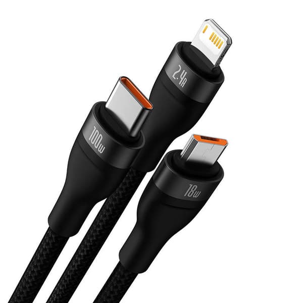 Baseus Flash Series 3-i-1 USB-kabel, USB-C + micro-USB + Lightning, 100W, 1,2m (svart)