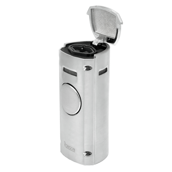 RONSON VOLCANO CHROME SATIN 4 JET lighter med cigarpunch