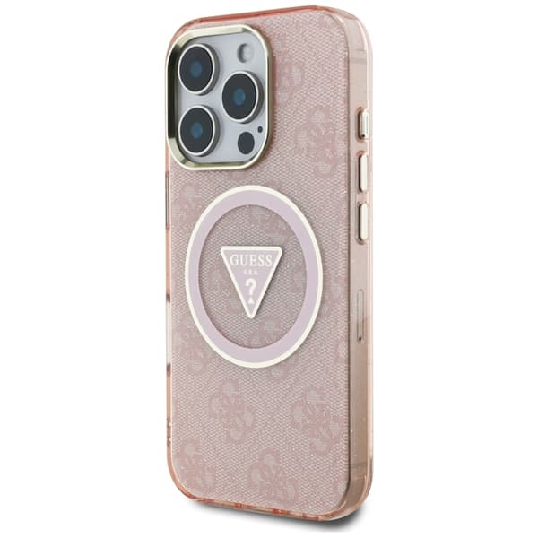 Guess IML Metal Glitter 4G Circle Triangle MagSafe-etui til iPhone 16 Pro (lyserød)