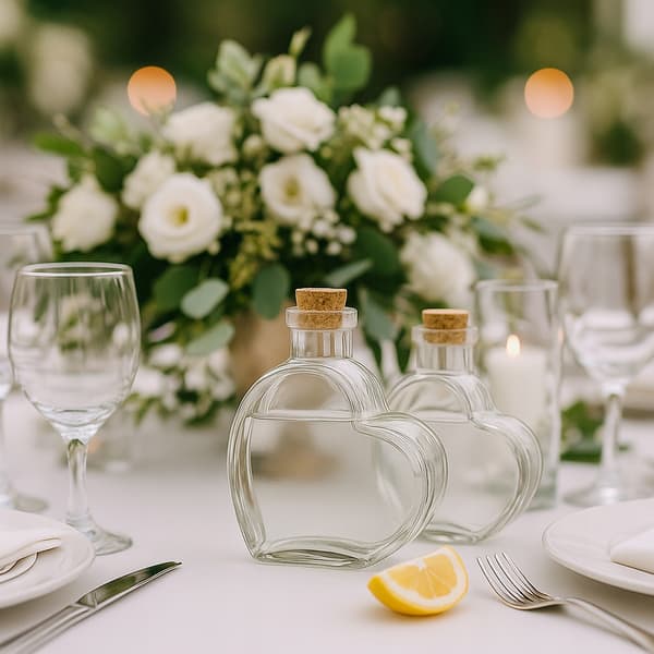 64x HEART-flaska 250 ml glasflaskor för bröllopspresent likör vin juice