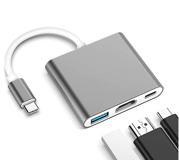 Adapter, 3 i 1, USB Typ C, till HDMI, Rymdgrå, Co2