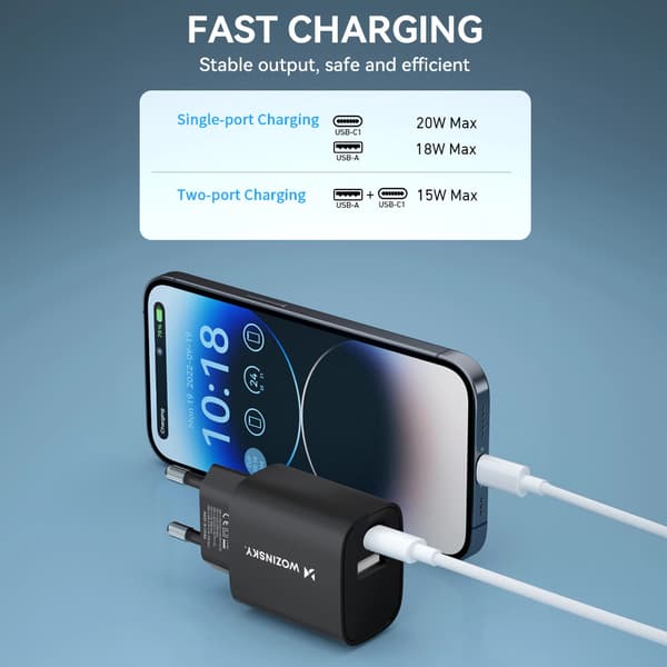 Wozinsky WGWCB USB-A USB-C 20W Vægoplader - Sort