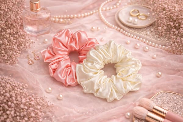SÆT MED 2 HÅRBÅND satin elastik 13 cm ECRU LYS ROSA