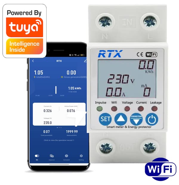 RTX Energimåler Strøm Wattmeter Måling op til 63A TUYA WiFi DIN
