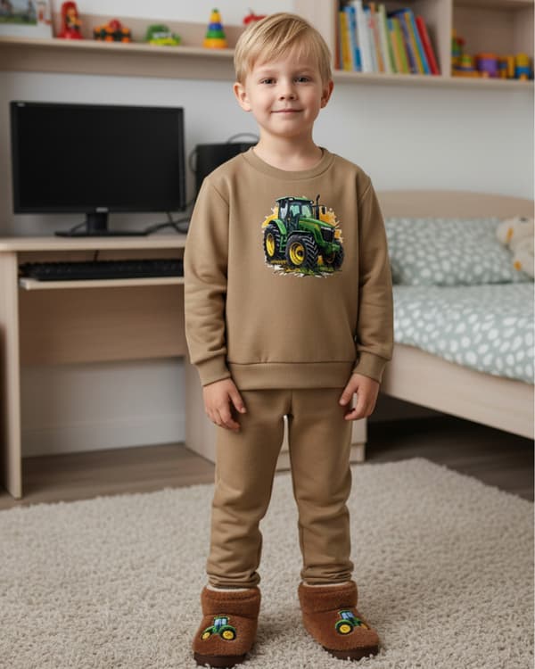 BØRNEPYJAMAS 134 til DRENGE 100% bomuld TRAKTOR print beige