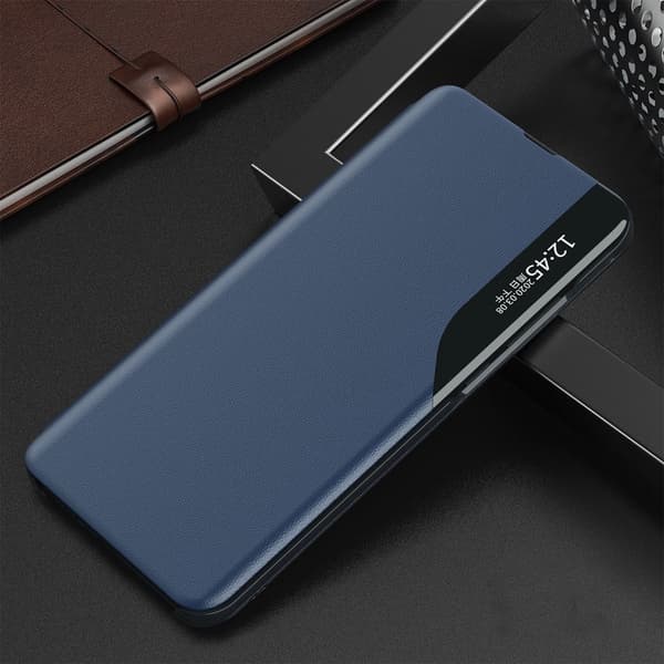 Eco Leather View Cover, et elegant cover med klap og stativ til iPhone 16e - blå