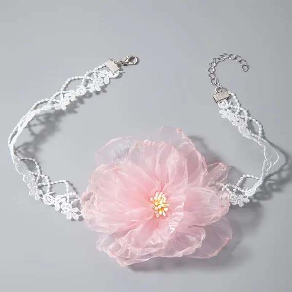 Hvid Blondechoker Med Rosa Blomst