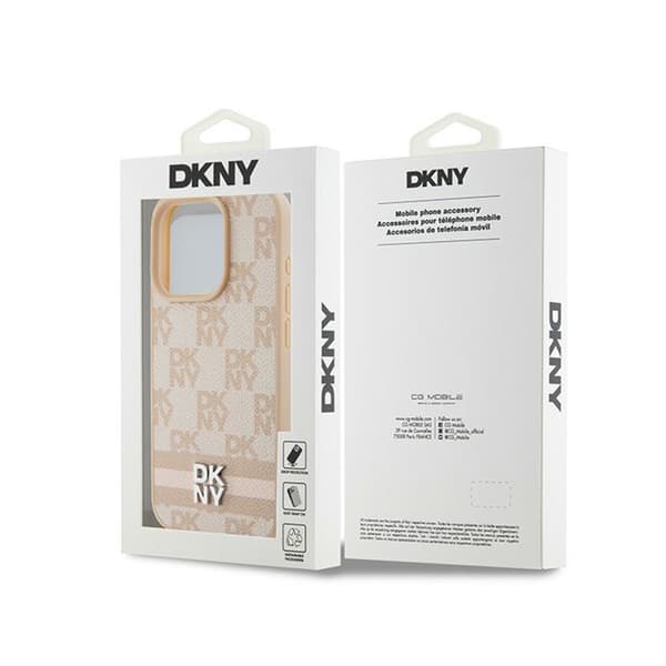 DKNY Læder Ternet Mono Mønster & Trykte Striber - iPhone 15 Pro Etui (Pink)