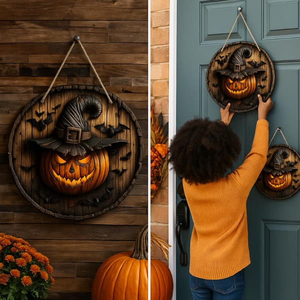 Halloween-dörrdekoration trä mörk pumpa 20x20 cm