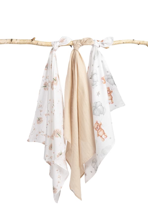 MUSLIN NAPPING GRÅ-BEIGE NALLEBJÖRN (Förpackning - 3 st)