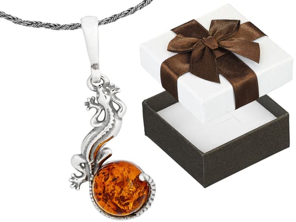 Oxiderat silverhalsband för kvinnor med bärnstensödla, bärnsten 42 cm