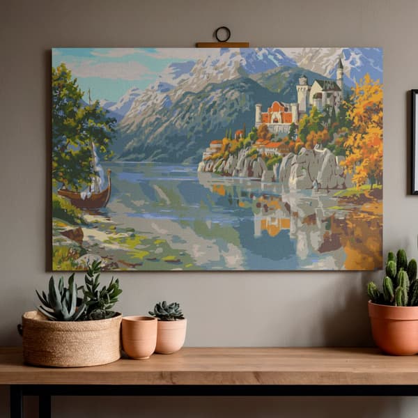 Måla efter nummer-bild med ram Slott i bergen 70x50 cm